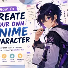 Ilustracja pokazuje proces tworzenia postaci anime. Młody artysta z fioletowymi włosami szkicuje, otoczony materiałami do projektowania postaci.