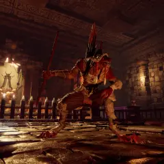 Potwór z gry Bless Unleashed, z czerwoną skórą i rogami, trzyma włócznię w mrocznej świątyni.