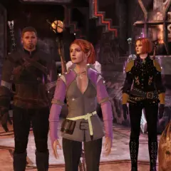 Postacie z Dragon Age Origins, w tym pies, w fantazyjnych strojach. Wyglądają jak z modów do gry.