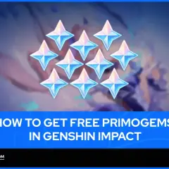 Dziesięć błyszczących kryształów Primogem na tle postaci z Genshin Impact. Poradnik, jak zdobyć darmowe Primogemy w Genshin Impact, idealny na każdy event.