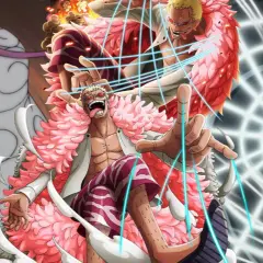 Doflamingo z One Piece w akcji, otoczony swoimi różowymi piórami i niebieskimi nićmi.