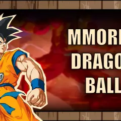 Goku w pomarańczowym gi szykuje się do walki w strefie Dragon Ball. Napis "MMORPG DRAGON BALL" zapowiada grę.