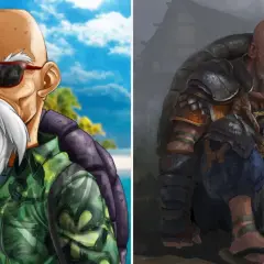 Master Roshi w okularach przeciwsłonecznych na plaży i ten sam mistrz w zbroi, z brodą i butelką.