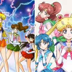 Sailor Moon anime: wojowniczki w strojach z błyskawicami i kwiatami.