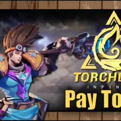 Postać z gry Torchlight: Infinite z młotem, obok logo gry i napisu "Pay To Win".