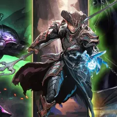 Eldritch knight w zbroi, z mieczem i magiczną kulą energii. Obok mroczna postać i ork.