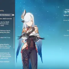 Postać Shenhe z Genshin Impact, prezentująca jej umiejętności bojowe, w tym "Spring Spirit Summoning" i "Icy Quill", które zadają obrażenia Cryo.