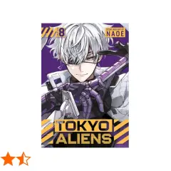 Okładka mangi "Tokyo Aliens" z Tomem 8. Młody mężczyzna z białymi włosami i fioletowymi akcentami, w futurystycznym stroju, gotowy do walki z kosmitami.