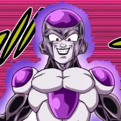 Złowrogi Frieza z Dragon Ball, otoczony fioletową aurą, uśmiecha się złowieszczo na tle różowych linii i żółtych błyskawic.