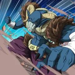 Moro, potężny złoczyńca z Dragon Ball, w akcji. Jego niebieska skóra i rogi dodają mu groźnego wyglądu.