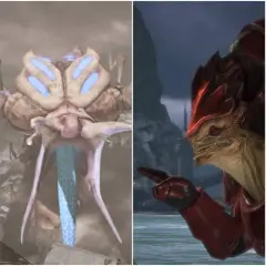 Cztery różne ujęcia Wrex z Mass Effect: groźny wojownik, jego głowa z bliska, w zbroi i w komiksowym stylu.