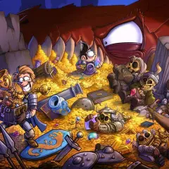 Skarby i szkielety w jaskini smoka, jak na sfgame private server. Wojownik z łupem, a obok niego kości w zbrojach.
