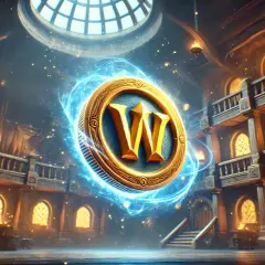 Złoty symbol "W" otoczony niebieską energią, unoszący się wewnątrz wielkiej, drewnianej sali z balkonami i oknami. To symboliczny wow token.