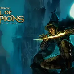 Mroczny łotrzyk z błyszczącym sztyletem w ręku, gotowy do walki w grze Might & Magic: Duel of Champions.