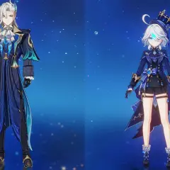 Dwaj bohaterowie Genshin Impact, wysoki mężczyzna i niższa dziewczyna, prezentują swoje stroje. Różnice w **genshin characters height** są widoczne.