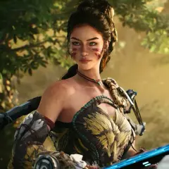 Aloy z Horizon Steel Frontiers, z łukiem w dłoni, w słonecznym lesie.