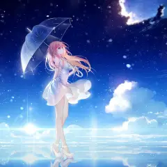 Urocze anime dziewczynki z różowymi włosami, trzymające przezroczysty parasol, stoją na lustrzanej tafli wody pod rozgwieżdżonym niebem.
