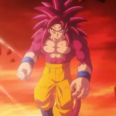 Goku w formie SSJ4, z różowym futrem i długimi, czerwonymi włosami, stoi na tle czerwonego, burzowego nieba.