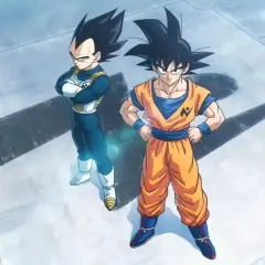 Goku i Vegeta, bohaterowie Dragon Ball sezon 2, gotowi do walki na futurystycznej arenie.