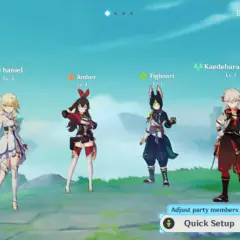 Genshin Impact postacie: Lumine, Amber, Tighnari i Kazuha stoją gotowi do walki.