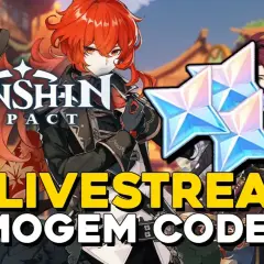 Genshin Impact: 2.8 livestream primogem codes. Postać Diluca i Kazuha z błyszczącymi kryształami.