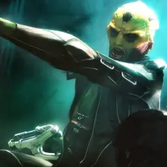 Thane Krios z Mass Effect w akcji, celuje z broni. Obok niego dwaj żołnierze w hełmach.