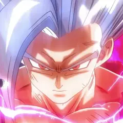 Gohan w swojej najpotężniejszej formie, z białymi włosami i intensywnym spojrzeniem, otoczony fioletową aurą i błyskawicami. To jego Ultra Instynkt.