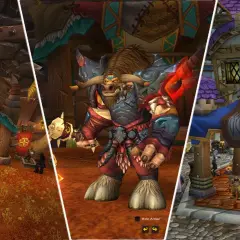 Targowisko w Azeroth: Horda i Przymierze handlują w swoich osadach. W centrum potężny tauren w zbroi.