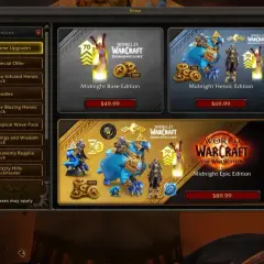 Ekran sklepu World of Warcraft z edycjami Midnight: Base, Heroic i Epic. Wow gra!