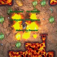W świecie tibia 3d, gracz walczy z Lordem Draco Elemental, otoczonym przez ogień i innych żywiołaków.