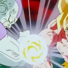 Zacięta walka Goku vs Frieza. Obaj wojownicy napinają mięśnie, przygotowując się do potężnego ataku energetycznego.