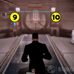 Gracz w czarnym garniturze wkracza do pomieszczenia, gdzie Kasumi z Mass Effect wyłączyła barierę.