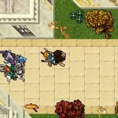 Postacie z gry Tibia na rynku, jedna na koniu, druga na bestii.
