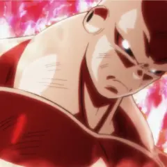 Jiren w czerwonej poświacie, gotowy do walki w Dragon Ball Super odc 130. Jego mięśnie napinają się, a oczy płoną determinacją.