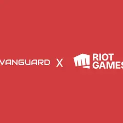 Logo Vanguard i Riot Games na czerwonym tle. Vanguard, symbolizujący siłę i ochronę, łączy siły z Riot Games, tworząc zgrany zespół.