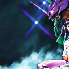 Shinji trzyma Rei, która jest ranna, obok gigantycznego Evangeliona. Scena z Neon Genesis Evangelion odc 1.