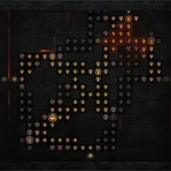 Interfejs drzewka umiejętności Diablo 4 z dostępnymi 195 punktami. Widoczne statystyki postaci i dostępne glify.