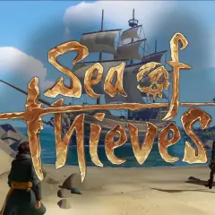Złoty napis "Sea of Thieves" na tle tropikalnej wyspy, statku i dwóch piratów. Rozpoczynają się opowieści o piratach!