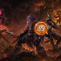 Bohaterowie Diablo 3 sezon 39 walczą z hordami demonów na tle płonącego świata.