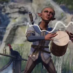 Elfka BG3 bard gra na bębnie, gotowa do akcji.
