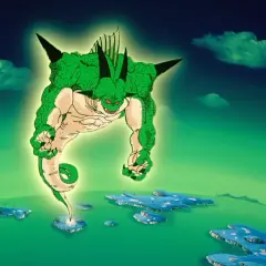 Potężny zielony smok z Dragon Ball, z rogami i kolcami, unosi się nad zielonym oceanem z wyspami.