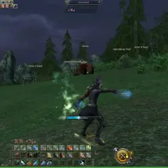 Postać w grze Lineage 2 Essence walczy z potworami na zielonej polanie. W tle widać drzewa i góry.