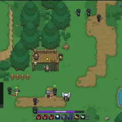 Postać w zbroi walczy z przeciwnikami w świecie Fantasy Online 2. W tle las, chat i jezioro.