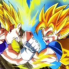 Goku i Vegeta w formie Super Saiyan walczą wręcz, ich pięści zderzają się, emanując potężną energią.