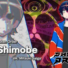 Rei Shimobe, założyciel Shuten Order, z uszkodzoną twarzą, w kolorowej kurtce. Styl graficzny przypomina gry od Spike Chunsoft.