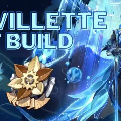 Neuvillette z Genshin Impact w niebieskim stroju, obok artefaktów. Tekst "NEUVILLETTE BEST BUILD" na górze.