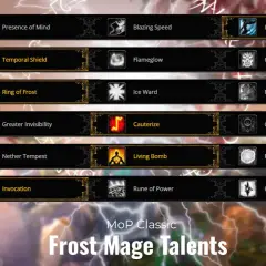 Drzewko talentów dla Frost Mage w MoP Classic: Presence of Mind, Temporal Shield, Ring of Frost, Greater Invisibility, Nether Tempest, Invocation.