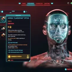Cyberpunk 2077: menu z cyberware'em, gdzie widzimy ulepszenie dla oczu Kiroshi "Clairvoyant" Optics.