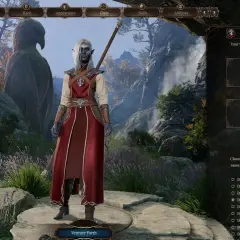 Postać BG3 Sorcerer, mroczna elfka z draconiczną krwią, gotowa do walki.