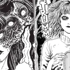 Dwie przerażające postacie z mangi Junji Ito. Po lewej dziewczyna z rozpadającą się twarzą, po prawej kobieta z pustymi oczami i lirą.